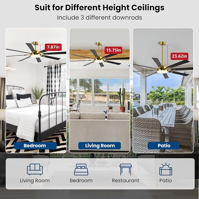 72 Inch Ceiling Fans with Lights and Remote, Dual Color 8 Blades, Bedroom Living Room Office Library Cafe Outdoor Industrial, 3CCT Dimmable, 6 Speed Reversible Quiet DC Motor, Gold/Wood Grain