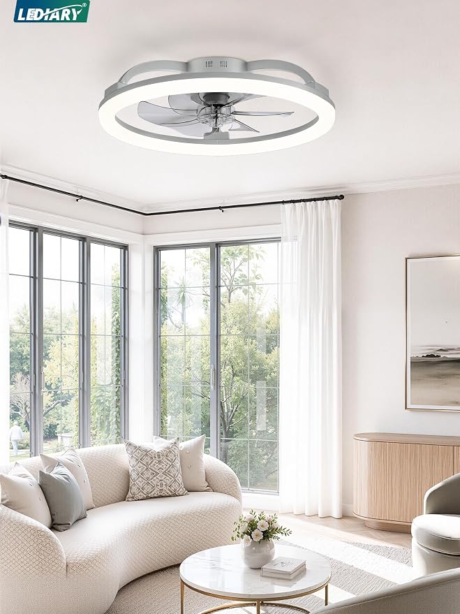 LEDIARY 23 Inch Ceiling Fans with Lights and Remote for Bedroom, Grey | Low Profile Flush Mount Ceiling Fan, Dimmable Modern Fan Light (3000K-6000K), 6 Speed, Reversible, APP & Remote Control