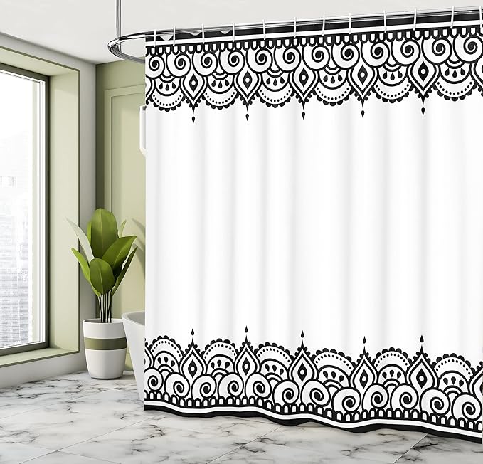 Ambesonne Orient Shower Curtain, Middle Eastern Ornamental Style Floral Damask Moroccan Pattern Illustration, Cloth Fabric Bathroom Decor Set with Hooks, 69" W x 84" L, Charcoal White