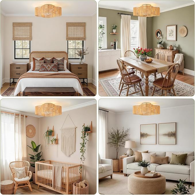 20" Boho Ceiling Fan with Light, Rattan Caged Flush Mount Ceiling Fan with Light Remote Control, Enclosed with 6 Speeds for Bedroom, Living Room, Foyer, Nursery