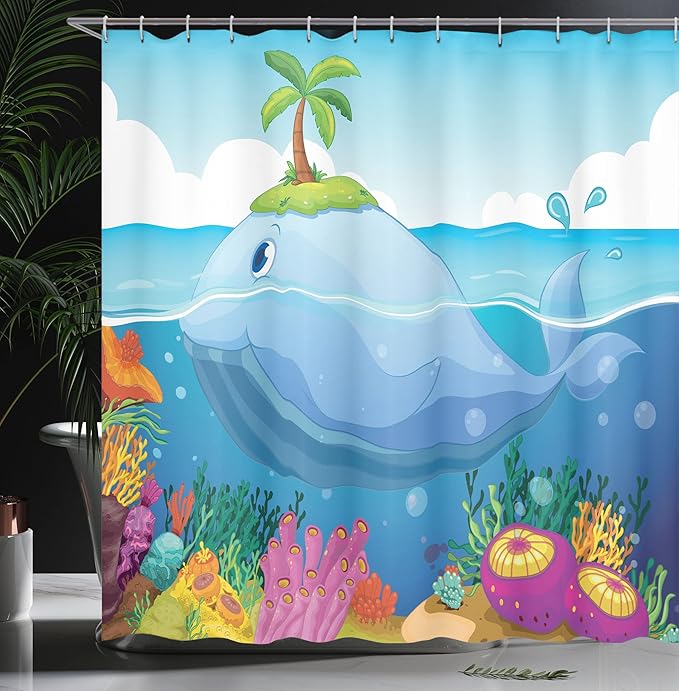 Ambesonne Cartoon Shower Curtain, Dolphin with Tiny Tree on His Head in The Water with Sea Plants Cartoon Art, Cloth Fabric Bathroom Decor Set with Hooks, 69" W x 70" L, Blue Green Purple