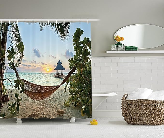 Ambesonne Beach Shower Curtain, Hammock on Sandy Beach Palm Trees and Wooden Jetty Sunset View Print, Cloth Fabric Bathroom Decor Set with Hooks, 69" W x 70" L, Green Brown Pale Blue