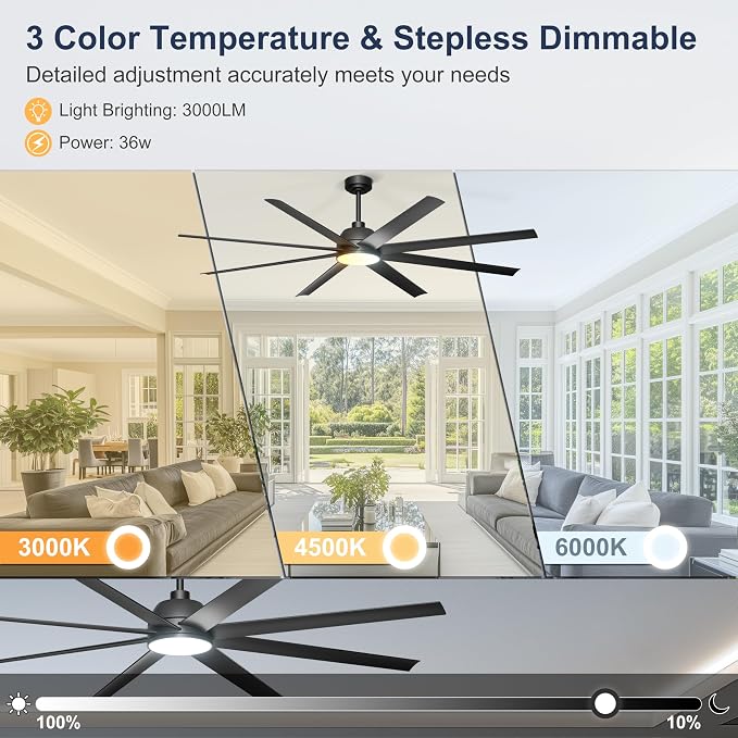72'' Ceiling Fan with Light - Remote & APP Control, 3 CTT Dimmable, 6 Speed Reversible DC Motor Fan for Shop, Garage, Covered Outdoor, Black
