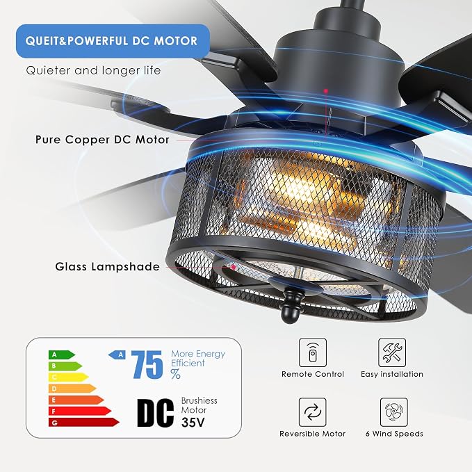 Hounberi 52" Farmhouse Ceiling Fans with Lights and Remote, Black Industrial Caged Ceiling with Seeded Glass, 6-Speed Reversible Quiet DC Motor, Black Ceiling Fan with Light for Living Room Kitchen