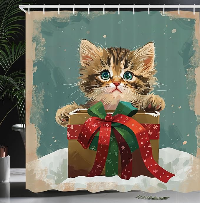 Ambesonne Christmas Shower Curtain, Cartoonish Delicate Tabby Cat Kitten with Classic Paint Look Lines, Cloth Fabric Bathroom Decor Set with Hooks, 69" W x 84" L, Cadet Blue Fawn Dark Pink