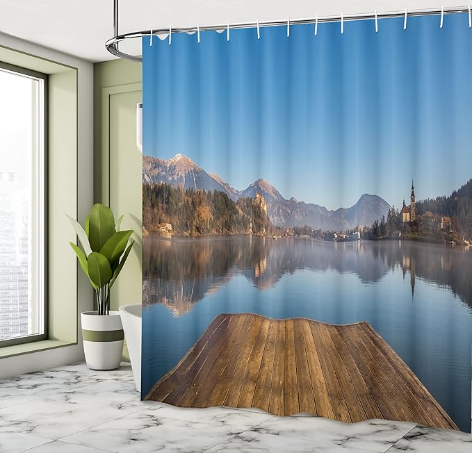 Ambesonne Landscape Shower Curtain, Old Deck by River Mountains Landscape Fall in Village Rural Scenic Print, Cloth Fabric Bathroom Decor Set with Hooks, 69" W x 70" L, Caramel Blue