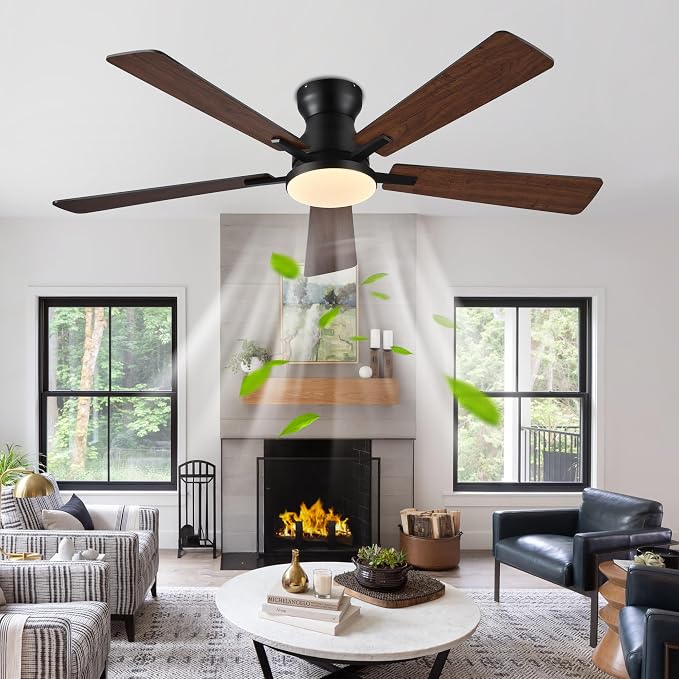 Ayaoty Ceiling Fans with Lights,52 Inch Low Profile Ceiling Fan with Light-Flush Mount Dimmable, Quiet DC Motor for Outdoor Patio,Garage,Bedroom Brown