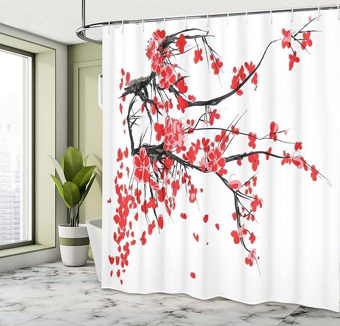 Ambesonne Floral Shower Curtain, Japanese Cherry Blossom Sakura Blooms Branch Spring Inspirations Print, Cloth Fabric Bathroom Decor Set with Hooks, 69" W x 75" L, Vermilion Brown White