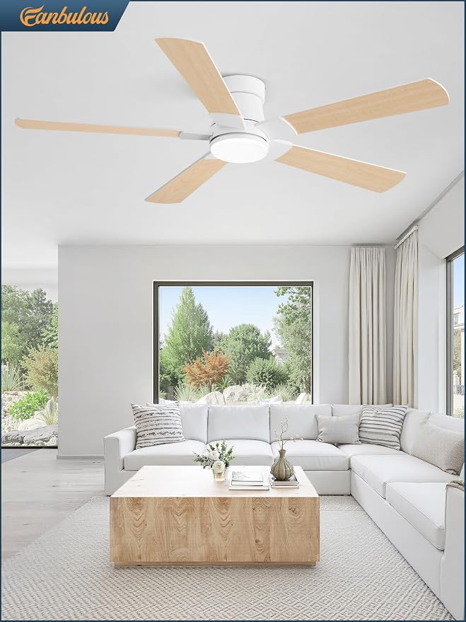Fanbulous 52” Ceiling Fans with Lights and Remote, Flush Mount Ceiling Fan | Low Profile,Modern Ceiling Fan with LED Light, 5 Blades, 3CCT, 6 Speeds,Timer,Bedroom, Indoor, Outdoor,Living room,White