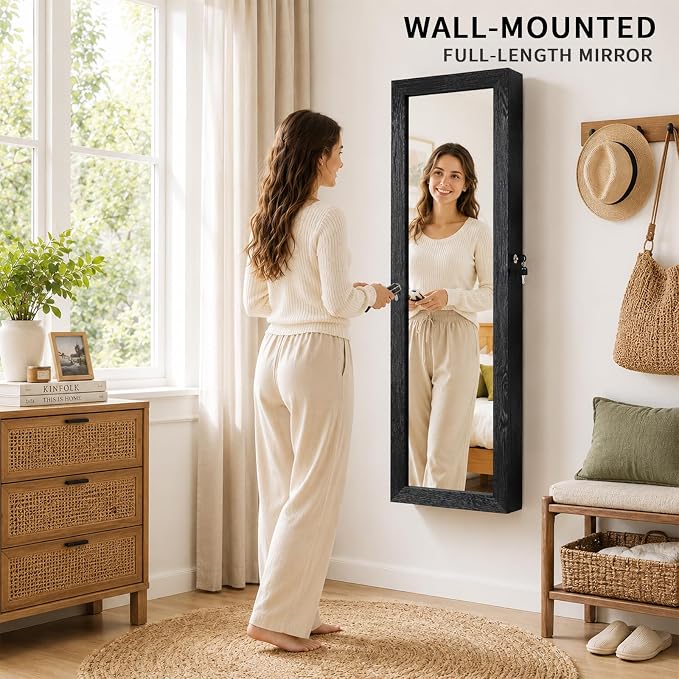 Over the Door Jewelry Organizer, Wall Mounted Jewelry Cabinet, Hanging Mirror with Storage Box, Wall/Door Mounted Full Length Mirror with LED