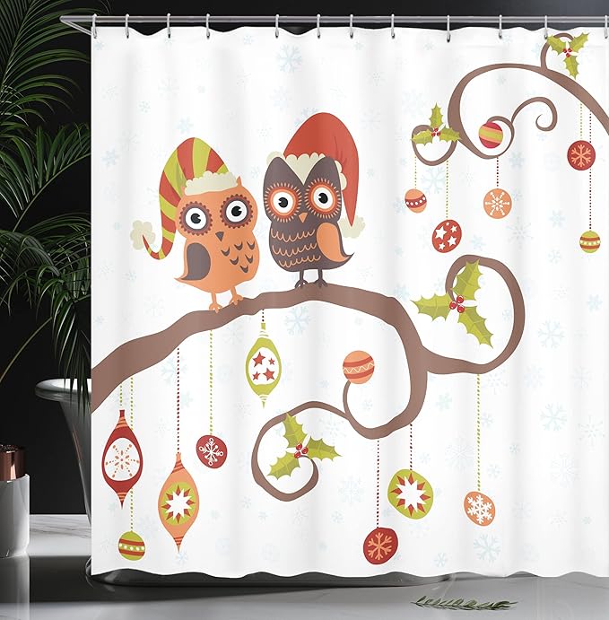 Ambesonne Christmas Shower Curtain, Owls on Celebrating Twiggy Tree Branches Annual Yule Noel Christmas Themed Print, Cloth Fabric Bathroom Decor Set with Hooks, 69" W x 75" L, Brown Red