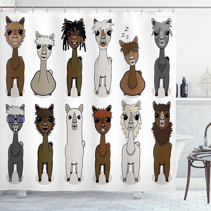 Ambesonne Cartoon Shower Curtain, Charismatic Alpacas with Different Hairs Animal Fiction Comic Artwork, Cloth Fabric Bathroom Decor Set with Hooks, 69" W x 70" L, Brown Grey