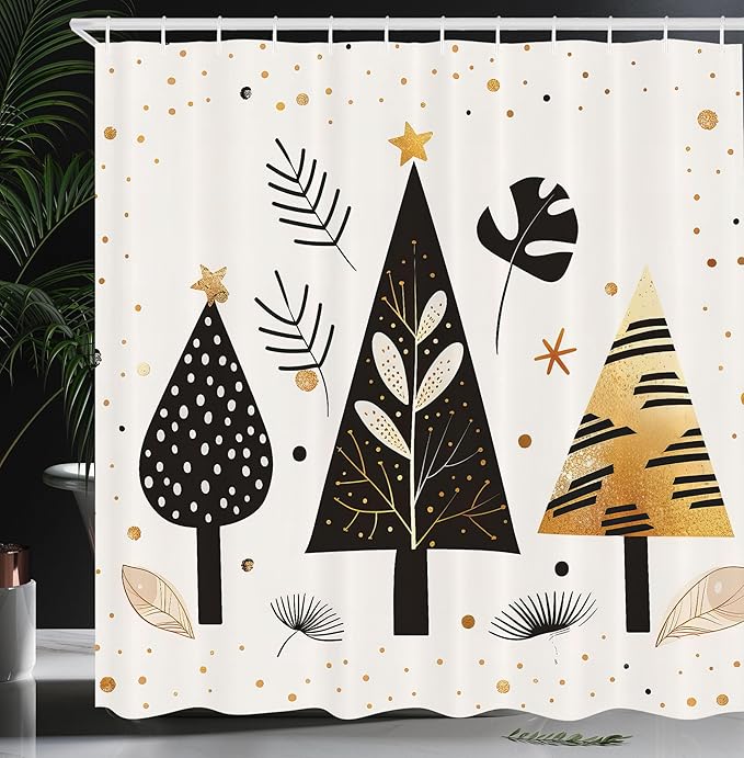 Ambesonne Christmas Shower Curtain, Modern Scandi Xmas Theme with Pine Exotic Monstera and Palm Trees, Cloth Fabric Bathroom Decor Set with Hooks, 69" W x 84" L, Beige Black Charcoal Grey