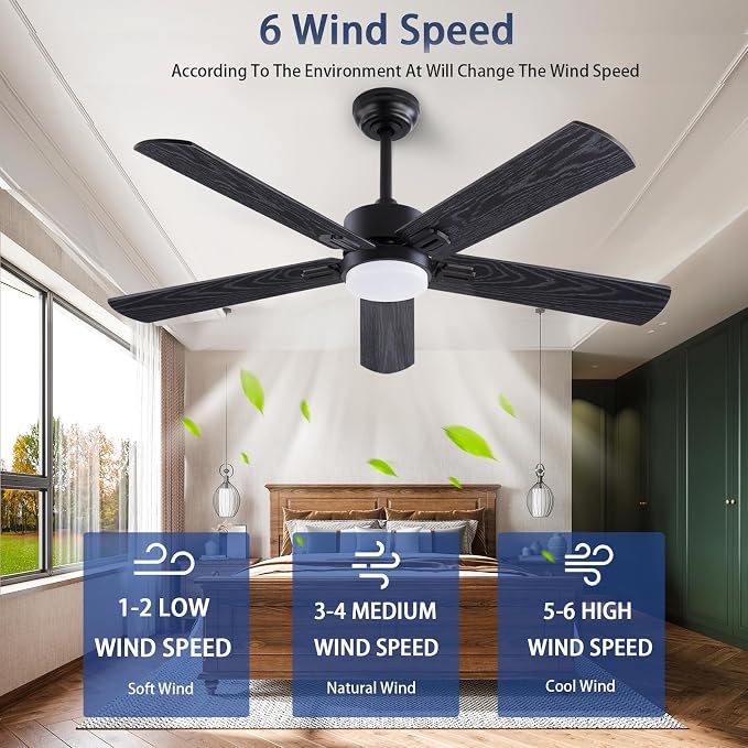 QUTWOB 52" Ceiling Fans with Light and Remote,Farmhouse 5 Blades Quiet Reversible DC Motor Ceiling Fans for Modern Indoor/Outdoor/Patio/Living Room/Bedroom(Black/Walnut)