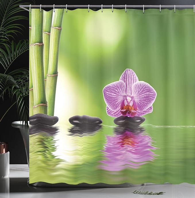 Ambesonne Spa Shower Curtain, Spa Floral Summertime Theme Holidays Exotic Positiveness Lilac Bouquet Corsage, Cloth Fabric Bathroom Decor Set with Hooks, 69" W x 75" L, Lime Green