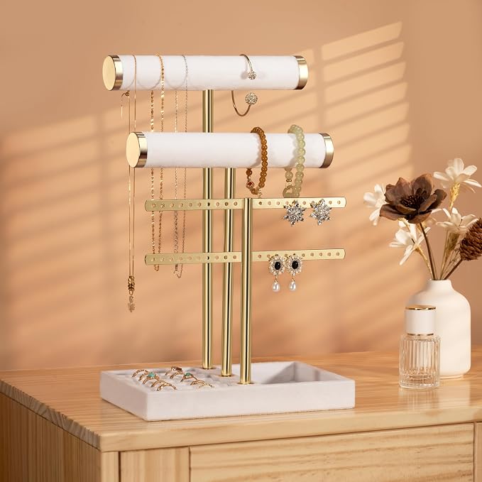 Jewelry Organizer Stand for Necklaces, Bracelets, Earrings, Rings, White | 3 Tier Velvet Bracelet Holder Display | Jewelry Organizers and Storage | Jewelry Tree | Jewelry Towers