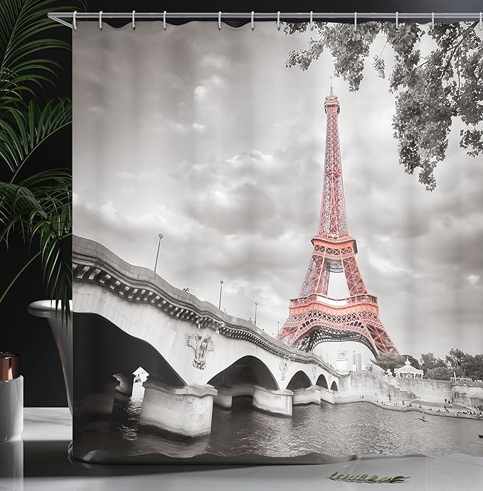 Ambesonne Paris Shower Curtain, Eiffel Tower Bridge Capital City Cloudscape Monochrome Style Picture Print, Cloth Fabric Bathroom Decor Set with Hooks, 69" W x 70" L, Dimgray Salmon