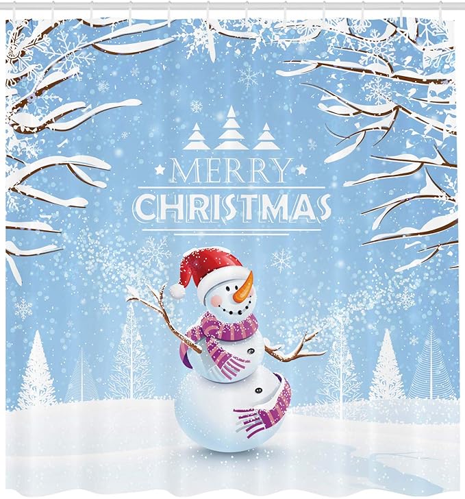 Ambesonne Christmas Shower Curtain, Cloth Fabric Bathroom Decor Set with Hooks, Winter Hat, 69" W x 70" L, White Blue