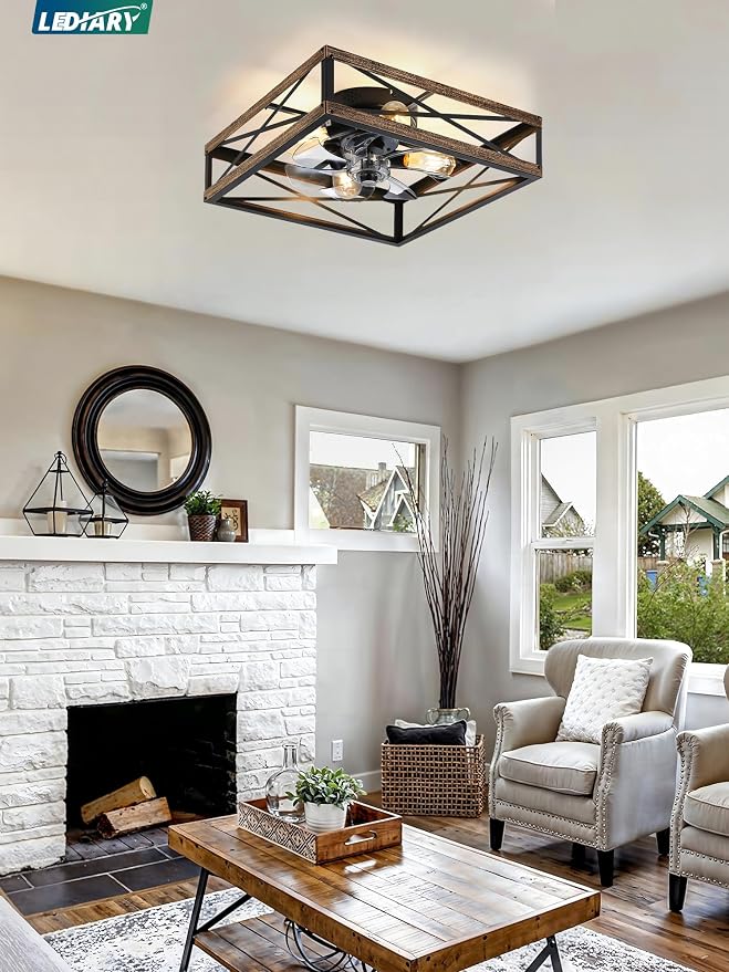 LEDIARY 20” Caged Low Profile Square Ceiling Fans with Lights and Remote | 6 Speed and Reversible, Small Farmhouse Rustic Bladeless Ceiling Fan Flush Mount for Bedroom, Kitchen, Dining Room