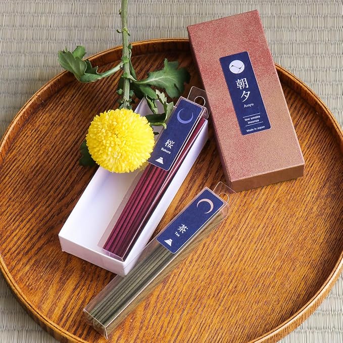 Asayu Japan Low Smoke Incense Gift Set with Incense Holder and Brass Stand, Premium Japan Set (Sakura & Green Tea) Incense Sticks with White Lotus Incense Holder