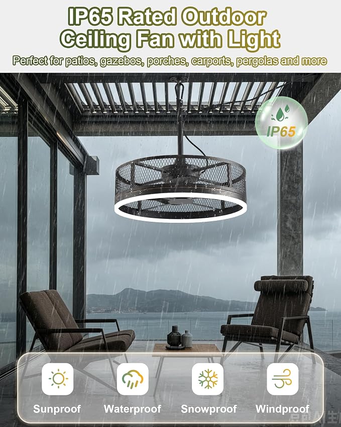 20'' Outdoor Ceiling Fan with Light, IP65 Waterproof Gazebo Hanging Fan, Remote Control, 3CCT, 6-Speed, Plug-in Caged Ceiling Fan for Patio Porch Pergola, Works with Alexa & Google Assistant
