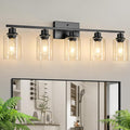 Ascher Bathroom Light Fixtures, 5-Light Vanity Light Over Mirror, Matte Black Wall Sconces with Clear Glass Shades, Wall Lamp for Living Room Bedroom, E26 Base(Bulbs Not Included)