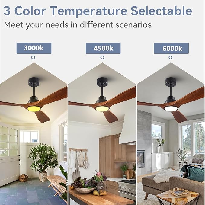 QUTWOB 42" Wood Ceiling Fan with Light, Reversible DC Motor, Remote Control | solid wood blades, quiet 6-speed reversible dc motor, remote control, 3-color dimmable led, for indoor outdoor patio bedroom