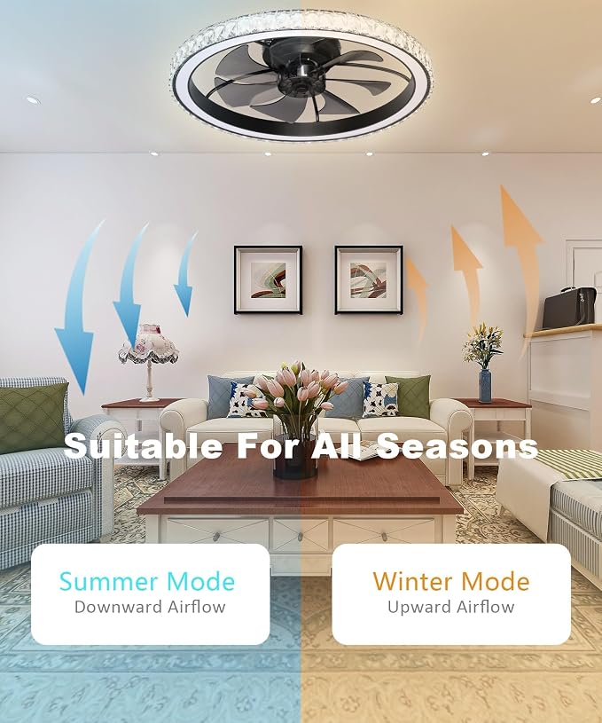 Aipsun 26" Low Profile Modern Crystal Chandelier Ceiling Fans with Lights and Remote, 3000K-6500K Smart Bladeless LED Fan Light, Black Modern Ceiling Fans with Lights for Bedroom