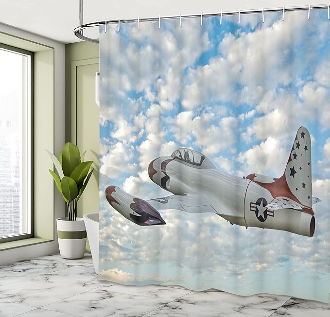 Ambesonne Airplane Shower Curtain, Vintage Plane in Mid-Air American Sky Aircraft Jet Transportation Themed Image, Cloth Fabric Bathroom Decor Set with Hooks, 69" W x 70" L, Blue Ivory