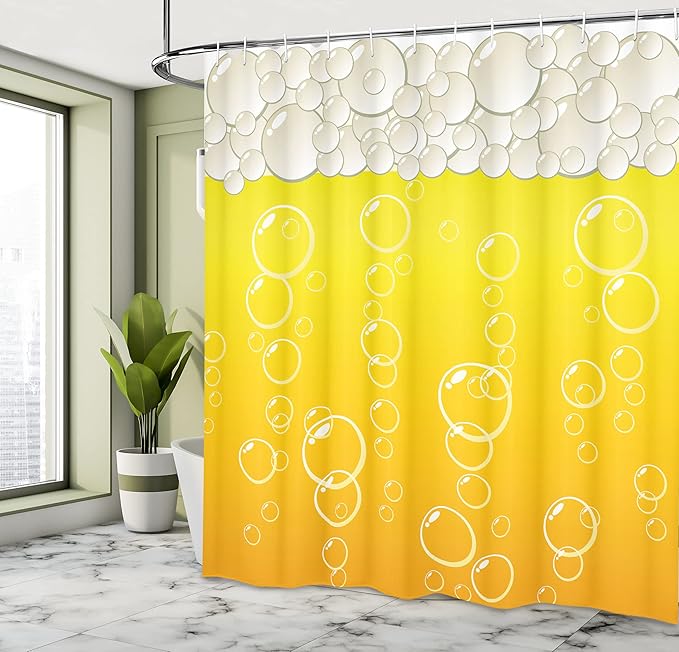 Ambesonne Abstract Shower Curtain, Close up Bubbles and Beer Macro Alcohol Drink Refreshment Graphic Illustration, Cloth Fabric Bathroom Decor Set with Hooks, 69" W x 70" L, Yellow White