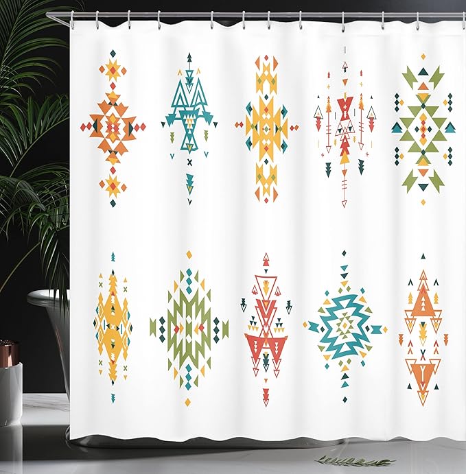 Ambesonne Tribal Shower Curtain, Abstract Style in Colorful Design Vintage Old Illustration, Cloth Fabric Bathroom Decor Set with Hooks, 69" W x 70" L, Petrol Blue