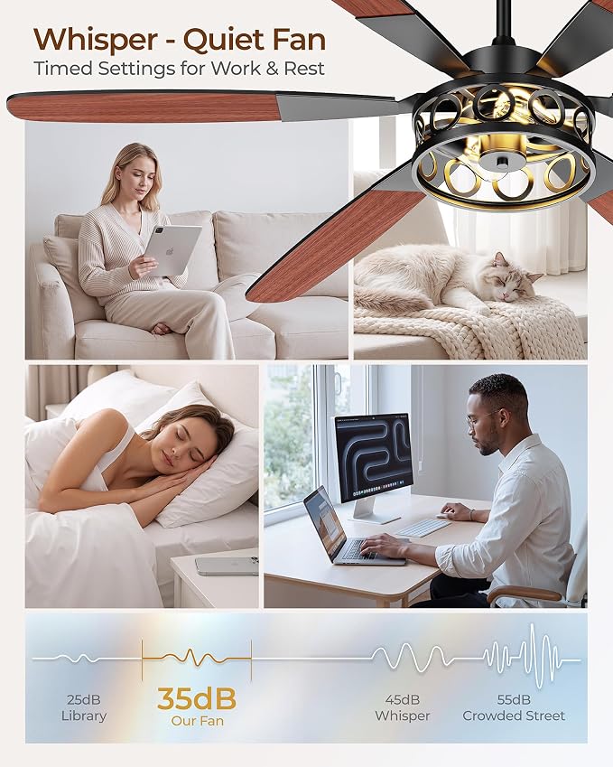 Ceiling Fans with Lights and Remote, 62'' Vintage Caged Ceiling Fan with Light, 6 Blades, 6+1 Speed, Flush Mount Ceiling Fan Whisper-quiet for Farmhouse, Living Room, Kitchen and Porch (62 Inch)