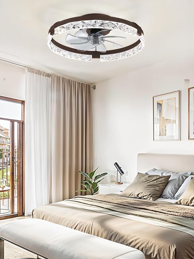 LEDIARY 20 Inch Low Profile Ceiling Fans with Lights and Remote, Fandelier Ceiling Fan Flush Mount, 3000K-6000K Dimmable LED Fan Light, Brown Modern Ceiling Fans with Lights for Bedroom