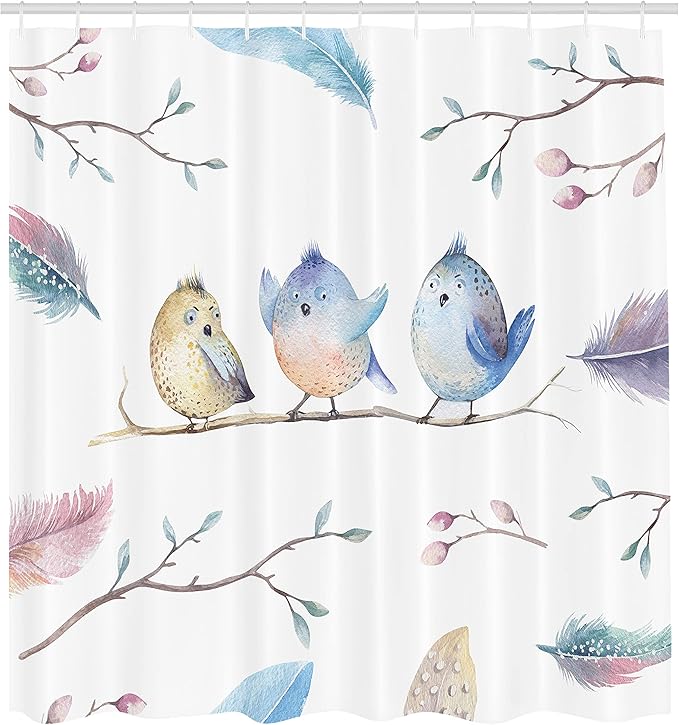 Ambesonne Animal Shower Curtain, Hand Drawn Birds Sitting on Branch Cartoon in Boho Style Watercolors Leaves Feathers, Cloth Fabric Bathroom Decor Set with Hooks, 69" W x 75" L, Blue White