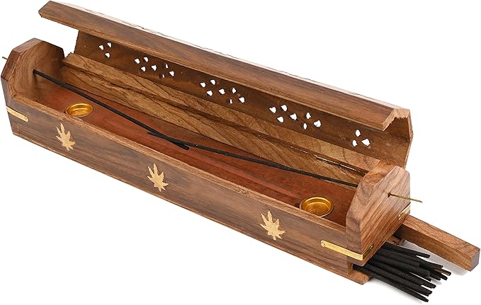 Incense Garden Pack of 2 Incense Stick Holder - Coffin Style - Wood Incense Stick Burner with Kush Inlays (Natural) Handmade with Brass Inlays
