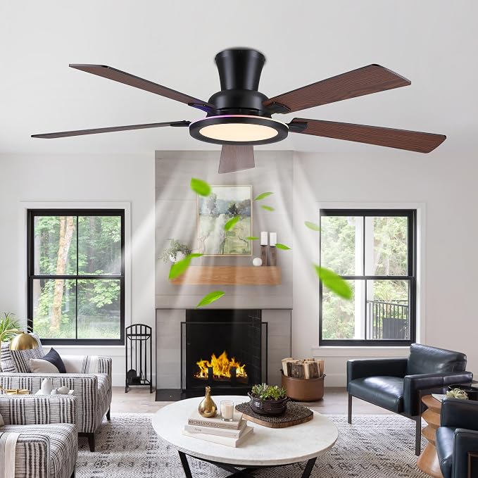 Ayaoty Ceiling Fans with Lights - 52in Flush Mount Ceiling Fan with RGB Dimmable, 3CCT 6 Wind Speeds and Reversible Quiet Motor, Low Profile RGB Fan Light for Modern Indoor, Party - Brown