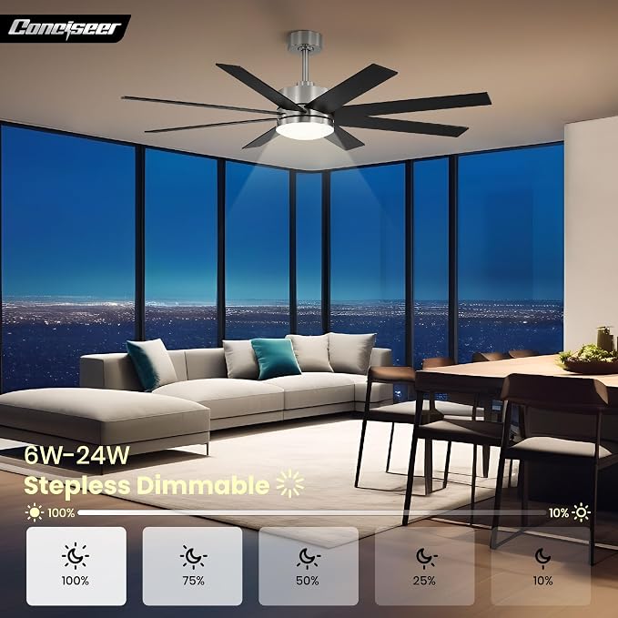 72 Inch Ceiling Fans with Lights and Remote, Dual Color 8 Blades, Living Room Office Library Cafe Indoor Outdoor Industrial, 3CCT Dimmable, 6 Speed Reversible Quiet DC Motor, Sand-nickel/Wood Grain