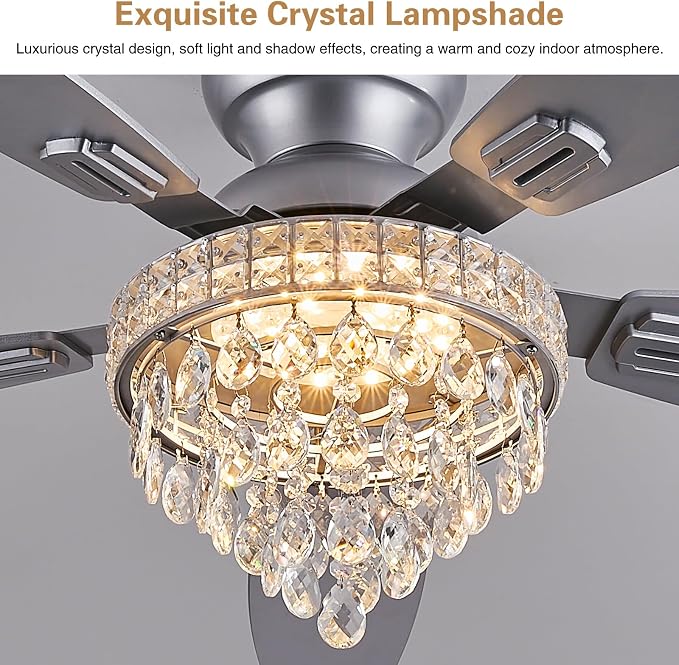 Crystal Ceiling Fan Fandelier with Lights-Ceiling Fans with Lights,54" Low Profile and Remote Control, Flush Mount, Reversible, Dimmable, Noiseless, Sliver Ceiling Fan for Bedroom