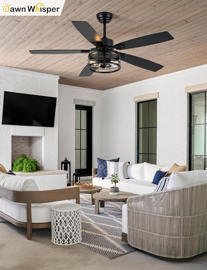 Dawn Whisper 52 Inch Farmhouse Ceiling Fans with Lights and Remote Quiet and Reversible DC Motor Black Industrial Rustic Caged Ceiling Fan for Bedroom Living Room Covered Patio