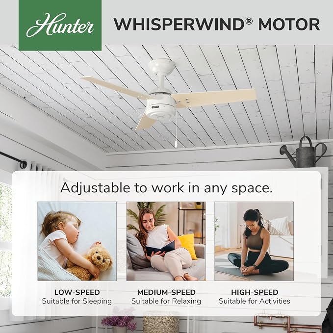 Hunter Cassius, Outdoor or Indoor, Ceiling Fan, 44 inch, Fresh White | Covered patios and porches get a no-light design, droop-free blades, and compact scale for offices or small rooms.