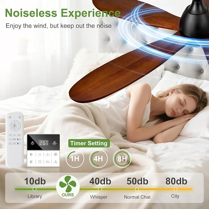52 Inch Solid Wood Ceiling Fans With Lights, Remote Control, Dimmable, Reversible, Wood Blades, Power-Off Memory, Quiet DC Motor, Indoor/Oudoor Ceiling Fan with Light for Patio