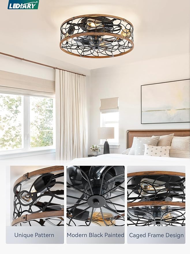 LEDIARY Caged Ceiling Fans with Lights, Farmhouse Flush Mount Ceiling Fan with Remote&App, Black&Walnut Low Profile Ceiling Fan Light Fixture for Bedroom, Kitchen, Dining Room.