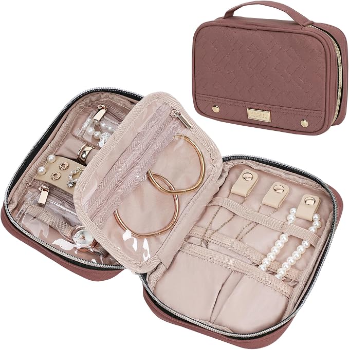 NISHEL Travel Jewelry Case Organizer, Tangle-Free Necklace Storage Bag | Stores rings, earrings, bracelets and watches in a compact case for travel and daily use, Rosewood-Pink, Small