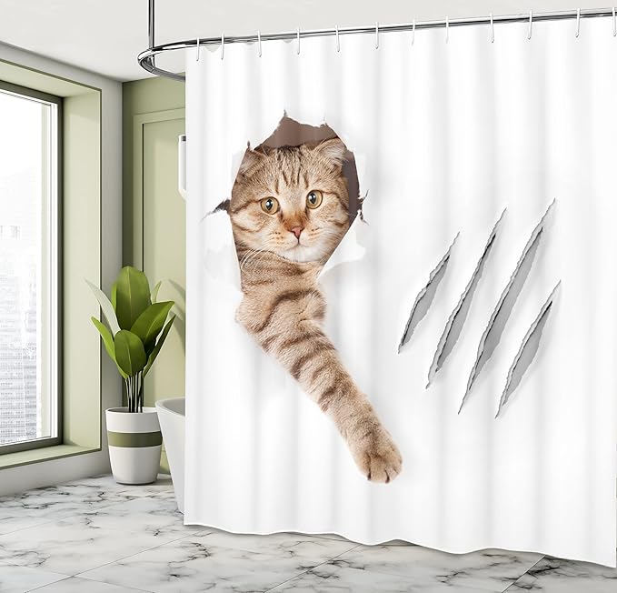Ambesonne Animal Shower Curtain, Funny Cat in Hole with Claw Scratches Playful Kitten Pet Picture, Cloth Fabric Bathroom Decor Set with Hooks, 69" W x 84" L, White Brown