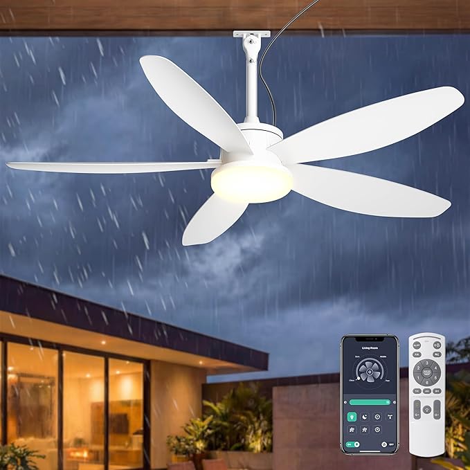 Outdoor Ceiling Fan with Lights, 48 Inch Plug in Gazebo Fans with Remote APP Control, Quiet DC Motor, Dimmable 3CCT, Waterproof Hanging Fans for Covered Patios, Porch, White