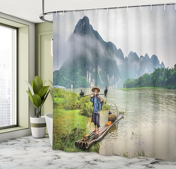 Ambesonne Landscape Shower Curtain, Traditional Chinese Fisherman with Birds and Basket on River Fog Mountains Trees, Cloth Fabric Bathroom Decor Set with Hooks, 69" W x 75" L, Slate Blue