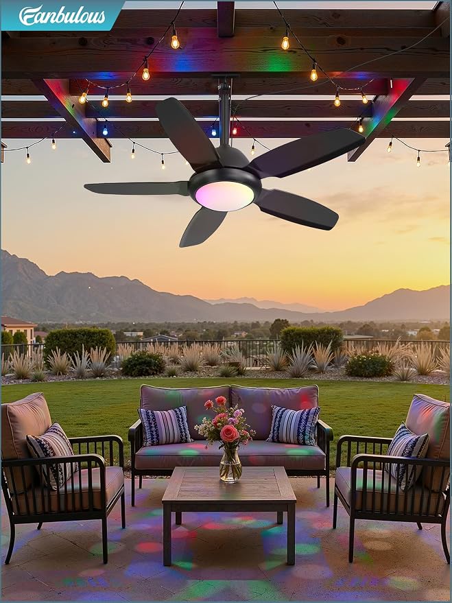 Fanbulous 42" Waterproof Outdoor Ceiling Fan with Light for patio,RGB Black | IP65 Wet Rated, 3CCT Dimmable Light,Remote Control,6-Speed DC Motor, Plug-in Cord, Hanging Hook for Gazebo, Porch, Pergola.