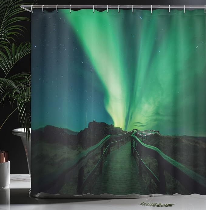 Ambesonne Aurora Borealis Shower Curtain, Wooden Bridge Solar Sky Scenic Radiant Rays Arctic Magic Scenery, Cloth Fabric Bathroom Decor Set with Hooks, 69" W x 70" L, Fern Green Dark Blue