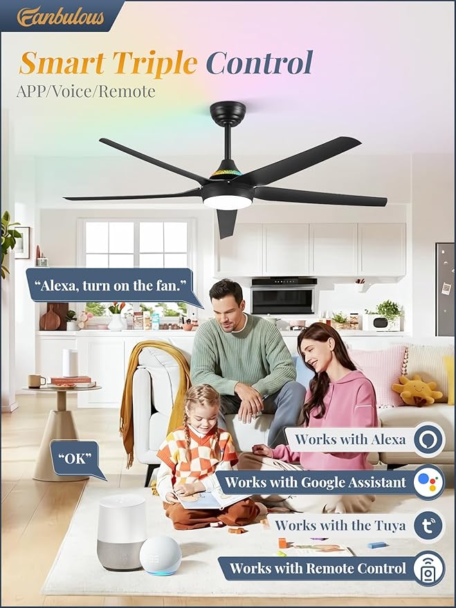 Fanbulous 56'' Smart Ceiling Fans with RGB Lights, Modern Ceiling Fan with Alexa/App/Remote Control, Dimmable LED Light, Reversible DC Motor, for Living Room, Bedroom, Game Room, Black