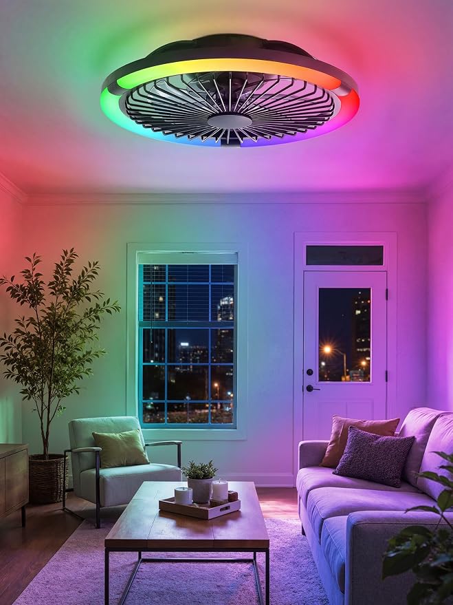 LEDIARY 20" Bladeless Ceiling Fan with Light,Low Profile LED Ceiling Fans with Remote & Smart APP Control, Modern Enclosed Flush Mount Fandelier, 3000-6000K,Bedroom,Kids Room-Black RGB